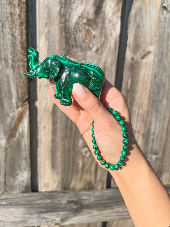 Malachite Bundle: Bracelet & Hand-Carved Elephant