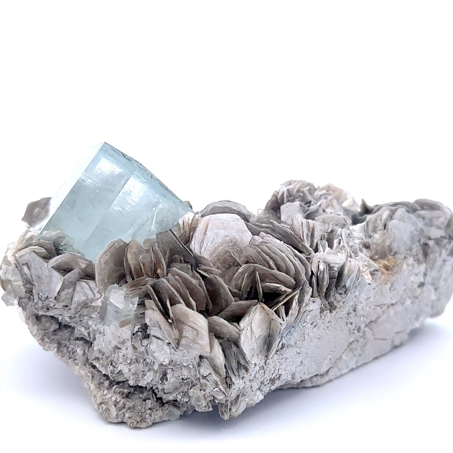 Aquamarine w/ Black Tourmaline on Muscovite Feldspar Matrix - A47