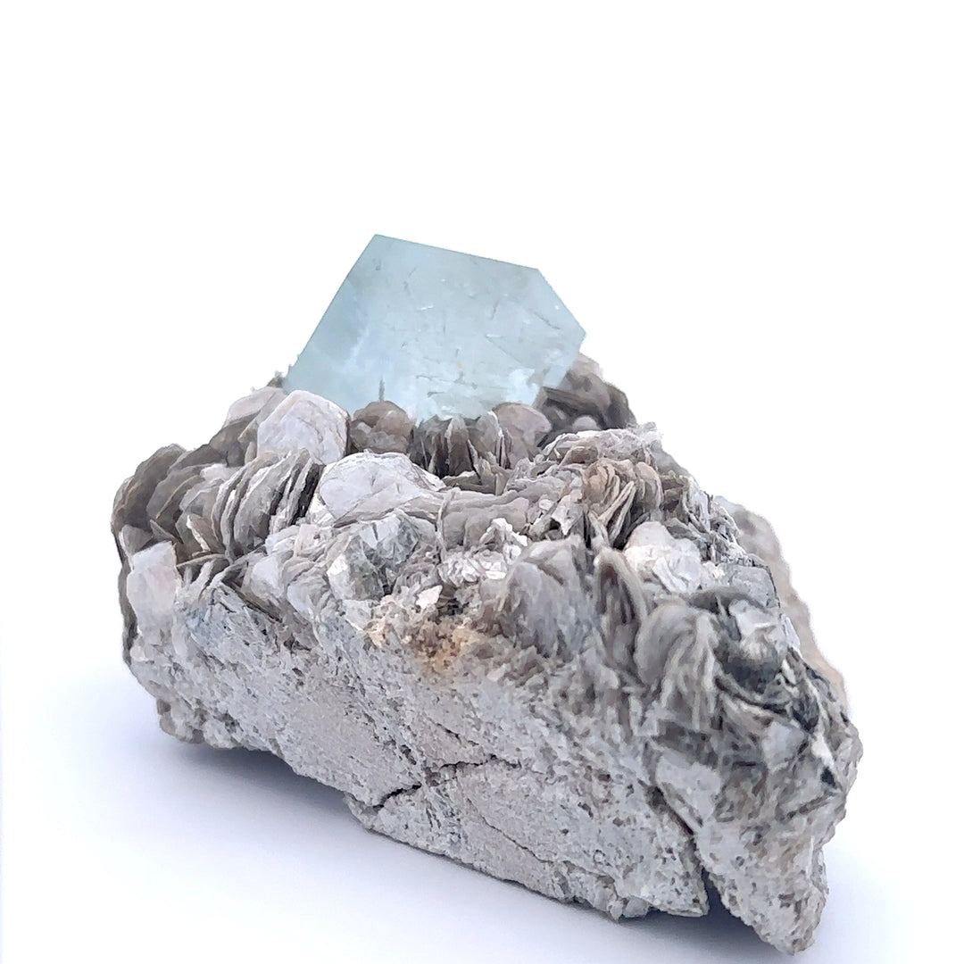 Aquamarine w/ Black Tourmaline on Muscovite Feldspar Matrix - A47