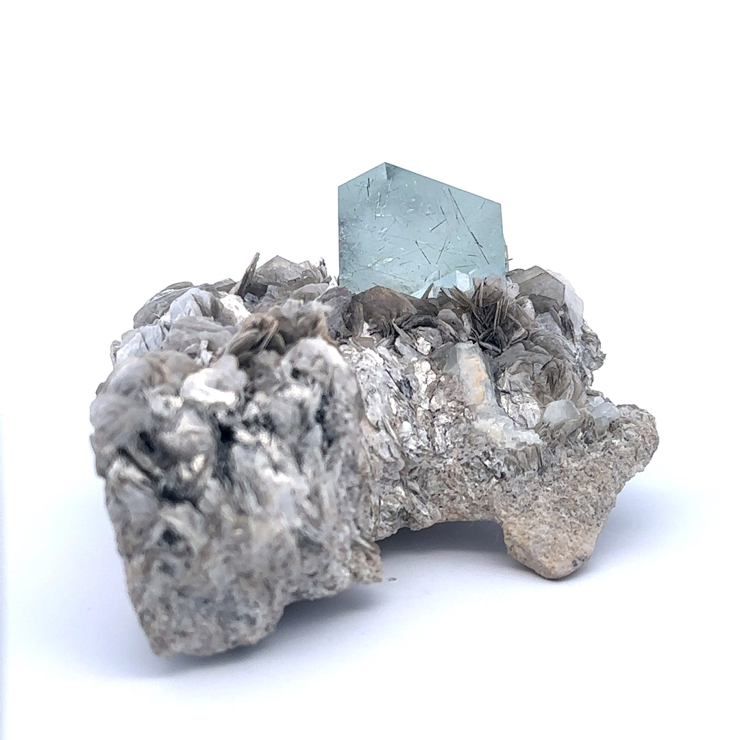 Aquamarine w/ Black Tourmaline on Muscovite Feldspar Matrix - A47